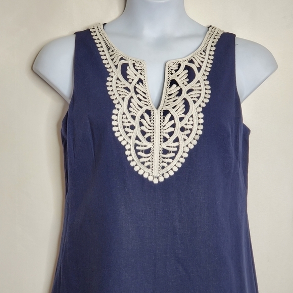 Eliza J Linen Blend Sheath Dress Size 14 Embroidered Neckline Pompom Trim Hem - Picture 3 of 12
